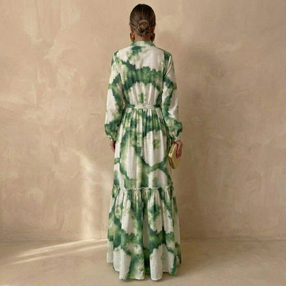 Flowy Tie-Dye Maxi Dress with Drawstring Waist for Women – Elegant & Comfortable Design