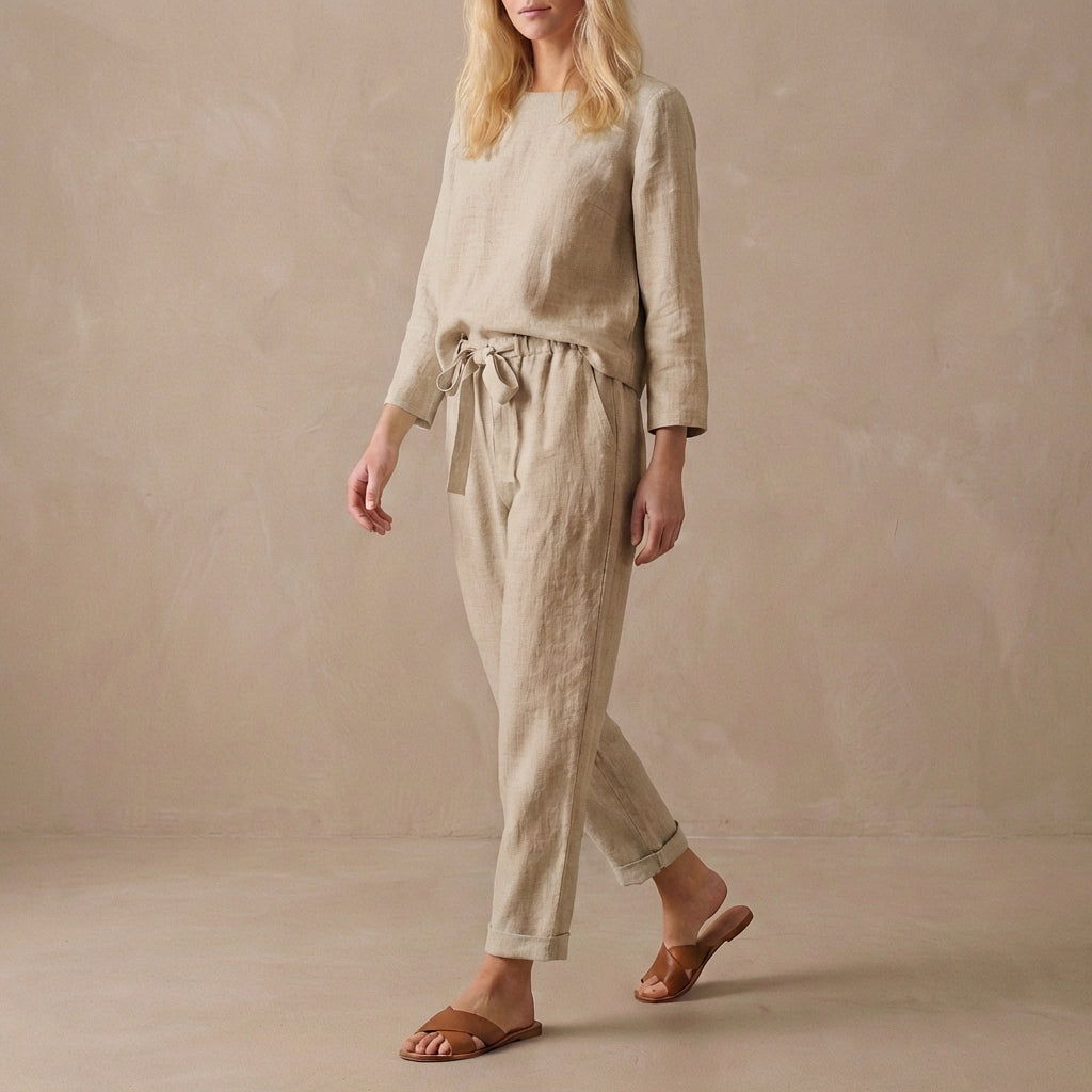 Relaxed Fit Blouse And Tie-Waist Pants Set for Women – Casual Comfort & Style