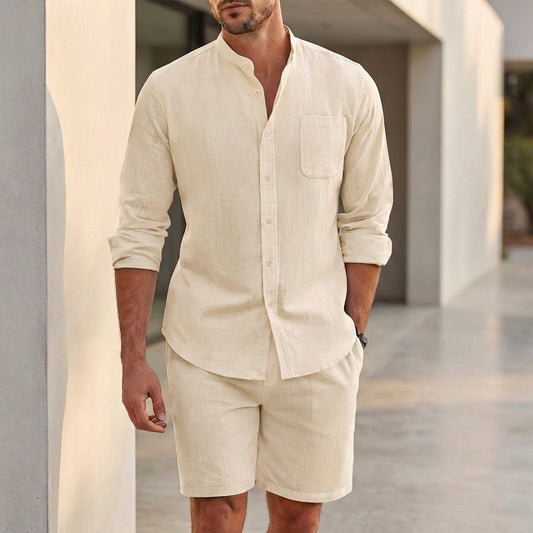 Relaxed Fit Long Sleeve Shirt & Shorts Set for Men – Breathable Casual Comfort