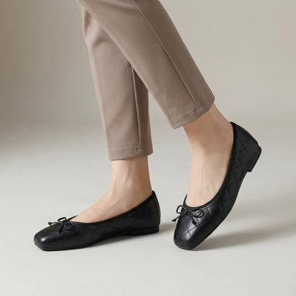Quilted Bow Detail Square Toe Ballet Flats for Women – Comfortable Casual Style