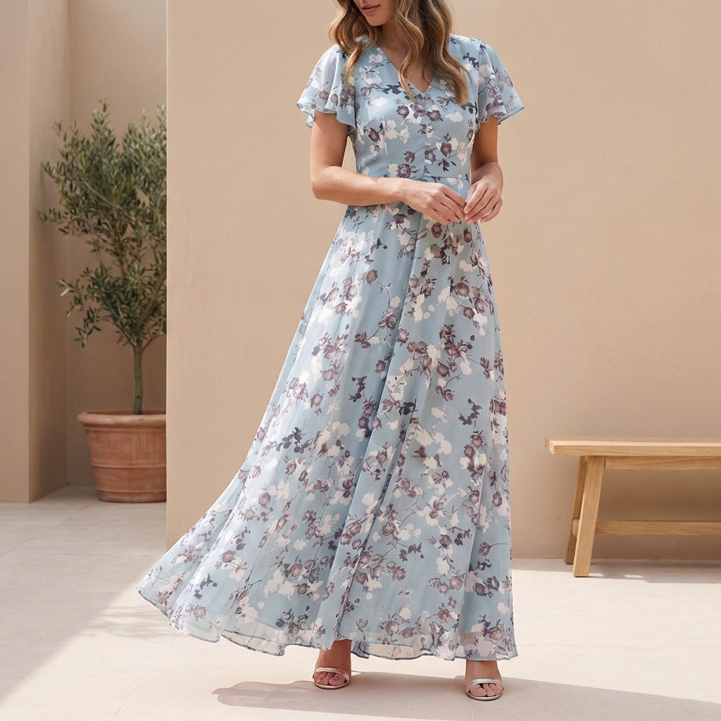 Floral Pleated Ruffled Flowing Fit Maxi Dress for Women – Elegant Stylish Comfort