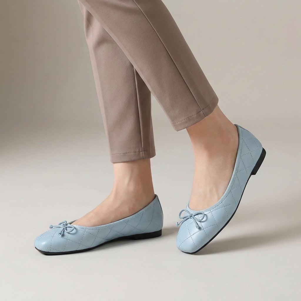 Quilted Bow Detail Square Toe Ballet Flats for Women – Comfortable Casual Style