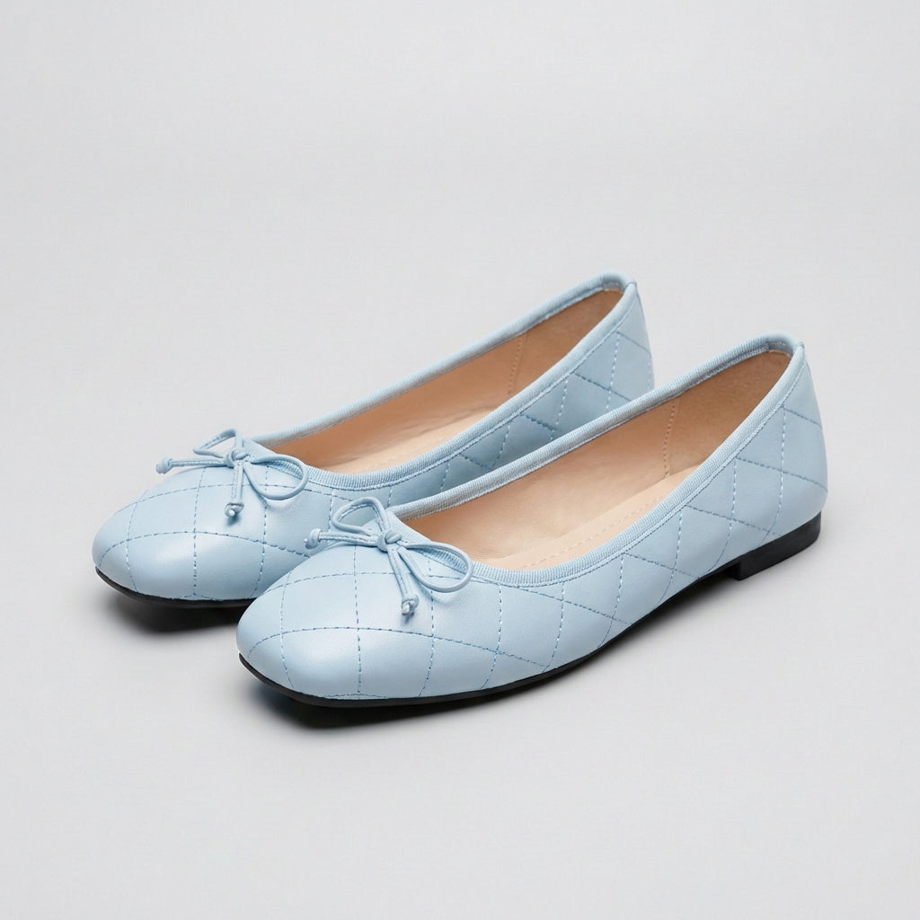 Quilted Bow Detail Square Toe Ballet Flats for Women – Comfortable Casual Style