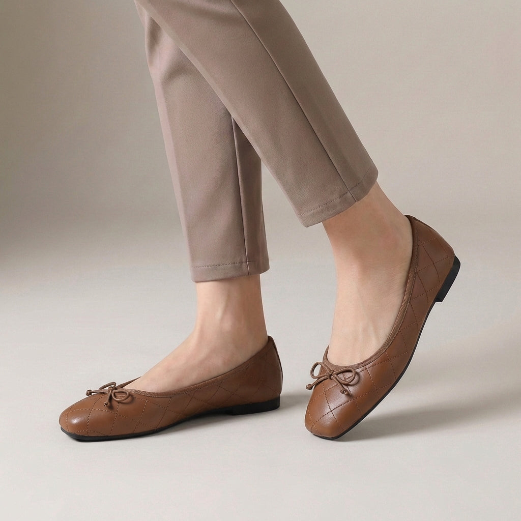 Quilted Bow Detail Square Toe Ballet Flats for Women – Comfortable Casual Style