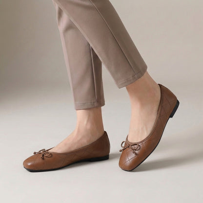 Quilted Bow Detail Square Toe Ballet Flats for Women – Comfortable Casual Style