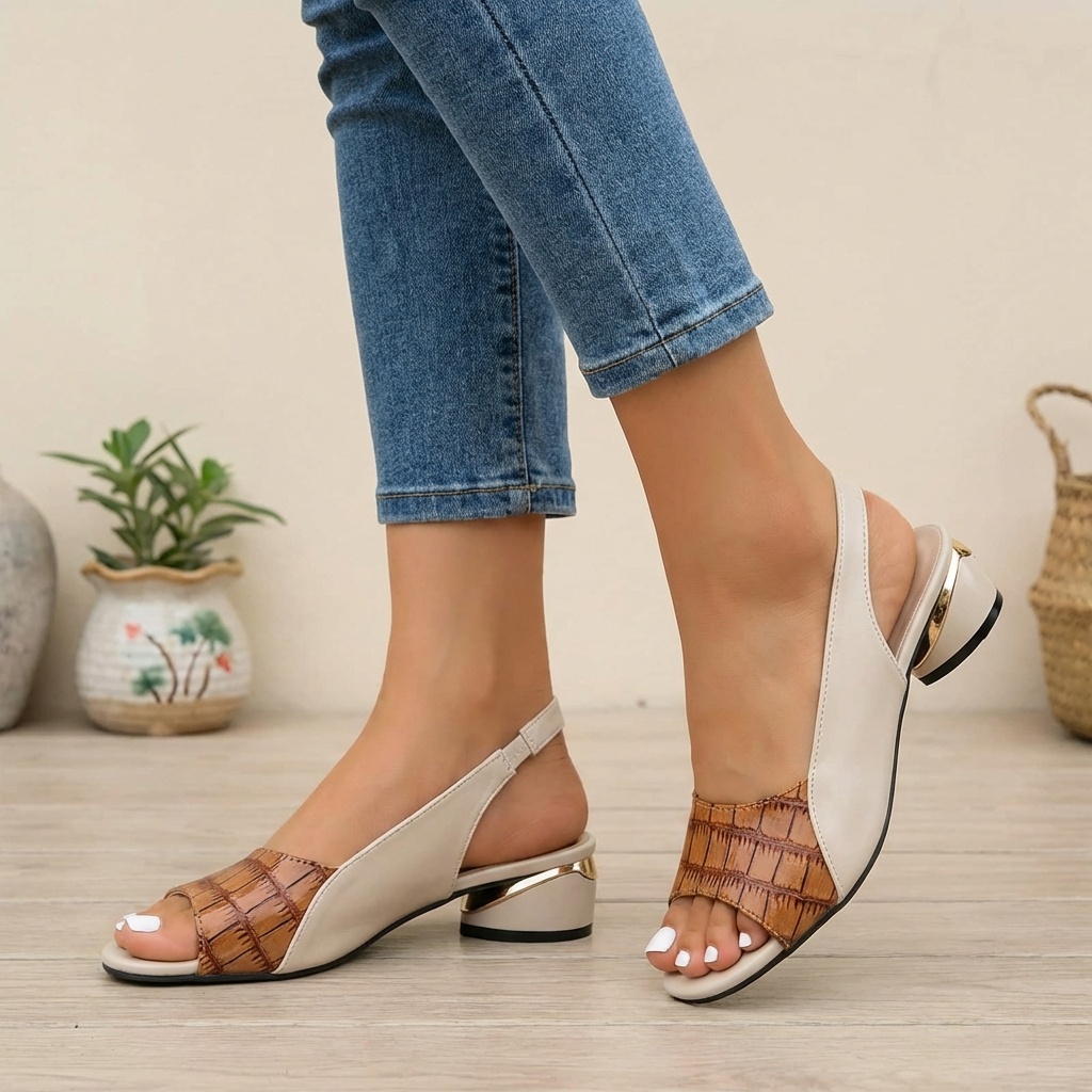 Croc-Effect Slingback Block Heel Sandals for Women – Stylish & Comfortable