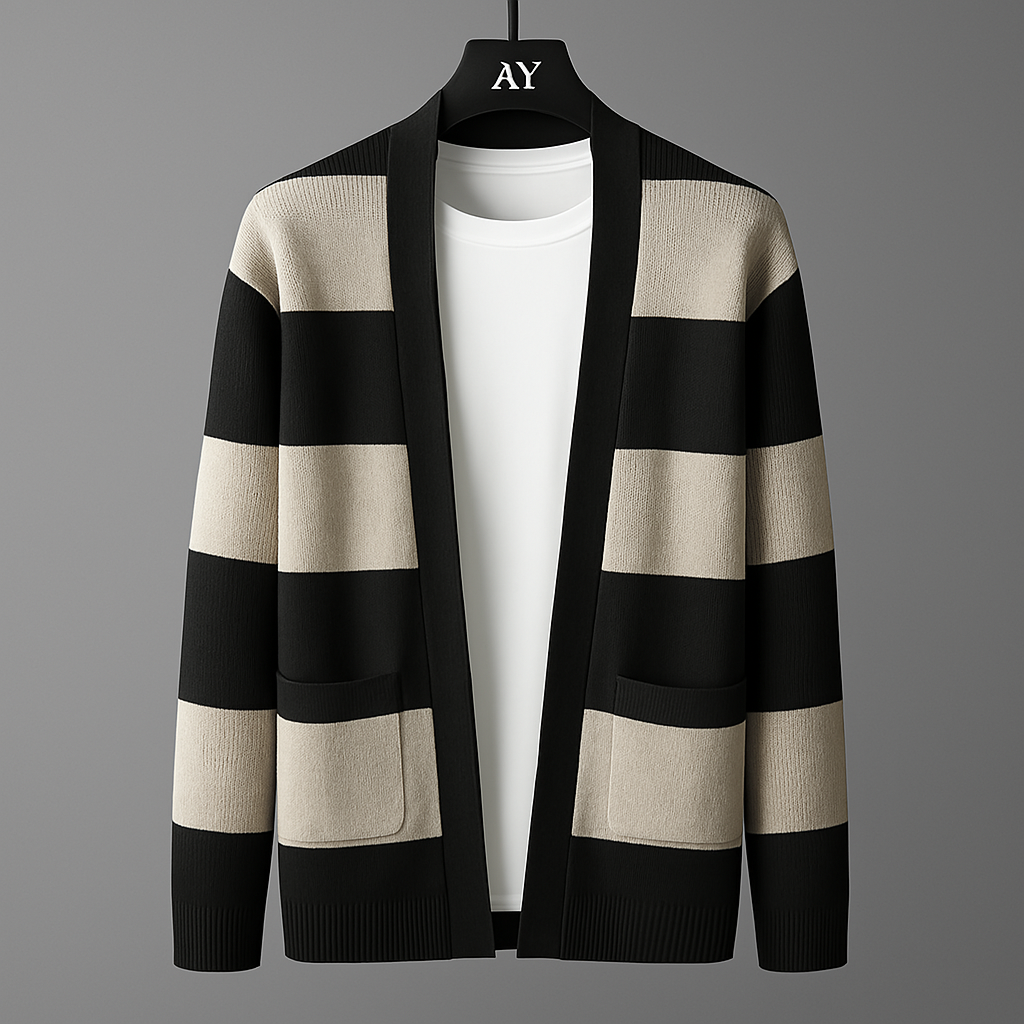 Oliver Regular Fit Cardigan | Striped Open Front V-Neck Cardigan