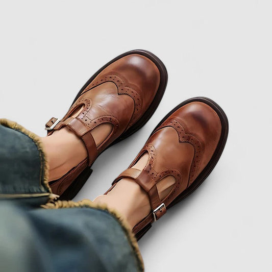 Flora Chunky Sole T-Strap Shoes | Buckle Closure Perforated Shoes