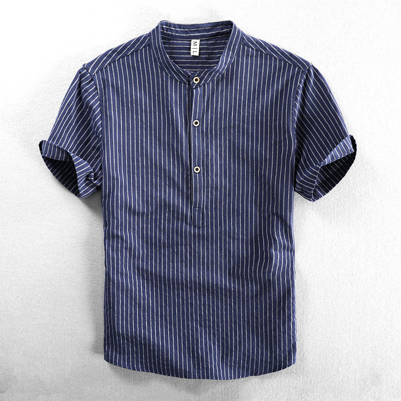 Relaxed Fit Striped Band Collar Shirt for Men – Breathable Casual Comfort