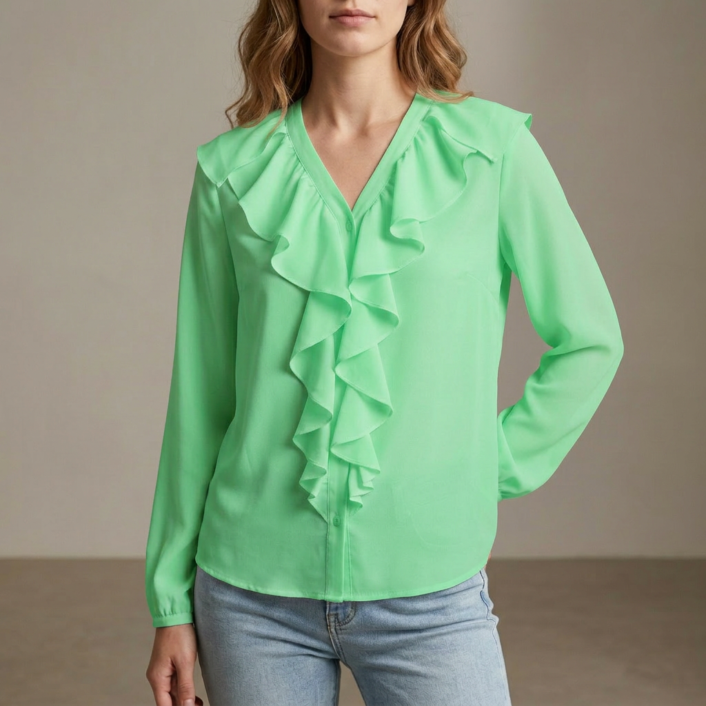 Ruffled Button Front Relaxed Fit Blouse for Women – Stylish Casual Comfort