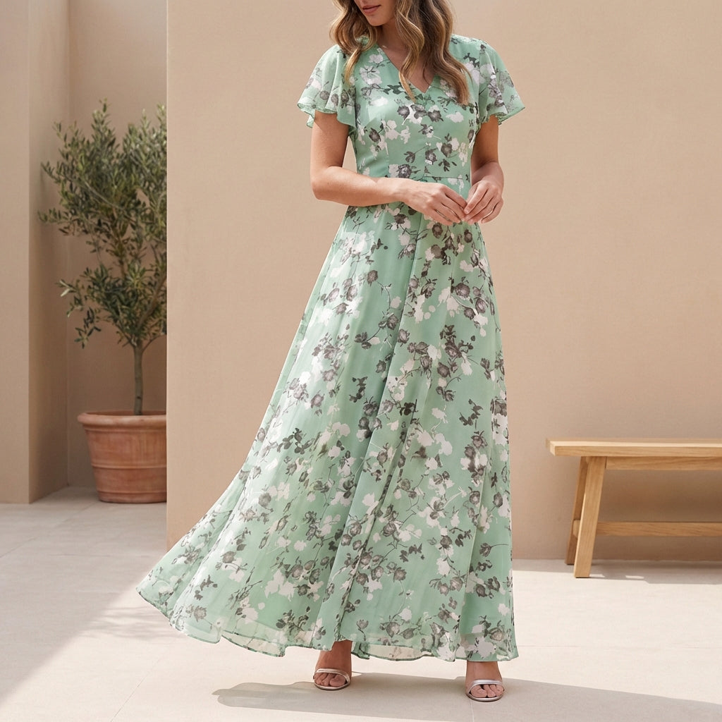 Floral Pleated Ruffled Flowing Fit Maxi Dress for Women – Elegant Stylish Comfort