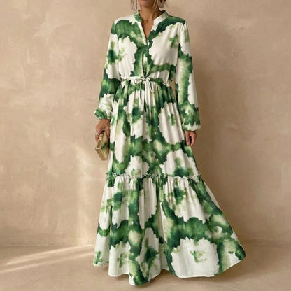 Flowy Tie-Dye Maxi Dress with Drawstring Waist for Women – Elegant & Comfortable Design