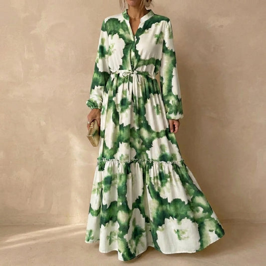 Flowy Tie-Dye Maxi Dress with Drawstring Waist for Women – Elegant & Comfortable Design