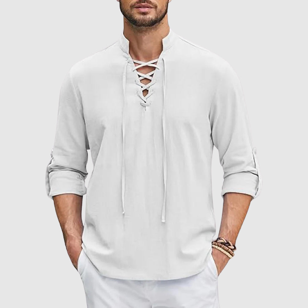 Relaxed Fit Lace-Up Band Collar Shirt for Men – Casual Comfortable Style