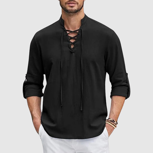 Relaxed Fit Lace-Up Band Collar Shirt for Men – Casual Comfortable Style