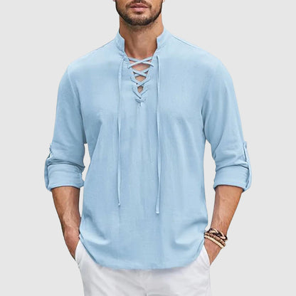 Relaxed Fit Lace-Up Band Collar Shirt for Men – Casual Comfortable Style