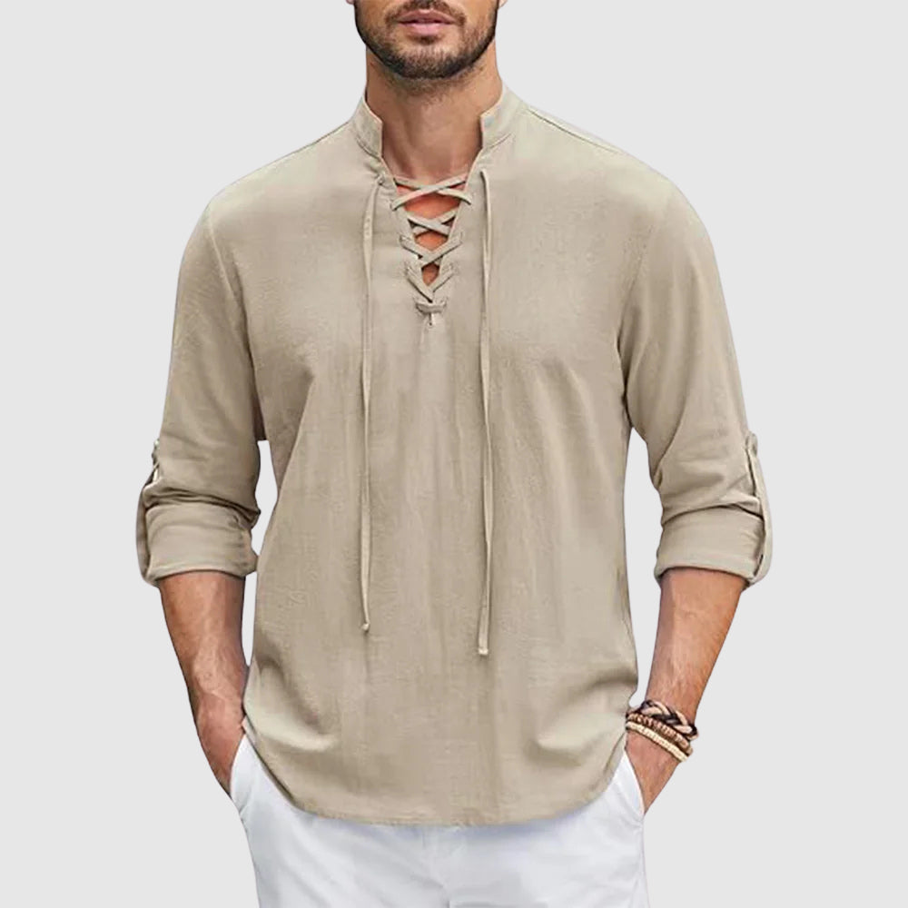 Relaxed Fit Lace-Up Band Collar Shirt for Men – Casual Comfortable Style