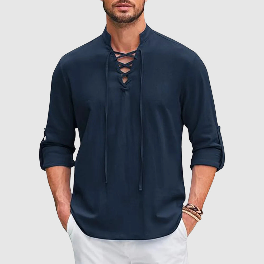 Relaxed Fit Lace-Up Band Collar Shirt for Men – Casual Comfortable Style