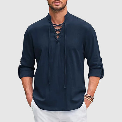 Relaxed Fit Lace-Up Band Collar Shirt for Men – Casual Comfortable Style