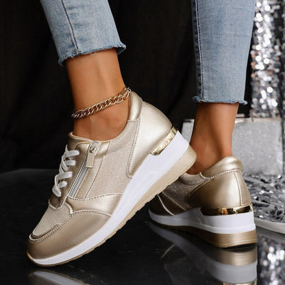Emma Platform Sneakers | Solid Lace-Up Side Zipper Sneakers