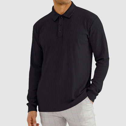 Ribbed Collared Long Sleeve Polo Shirt for Men – Classic Casual Comfort