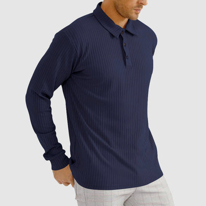 Ribbed Collared Long Sleeve Polo Shirt for Men – Classic Casual Comfort