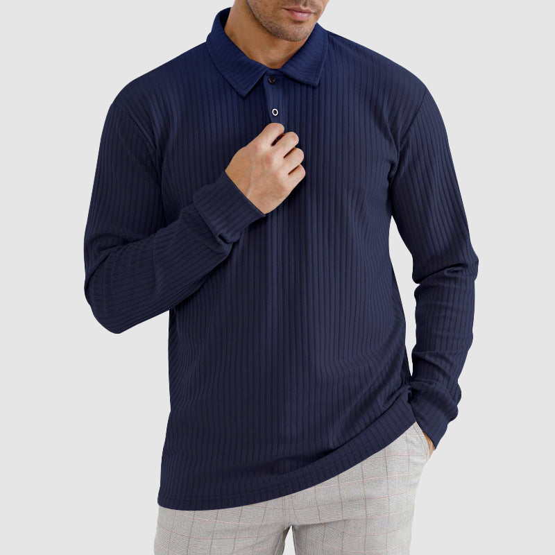 Ribbed Collared Long Sleeve Polo Shirt for Men – Classic Casual Comfort