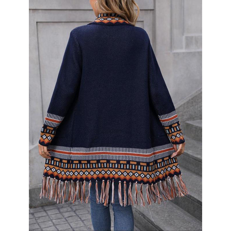 Isabella Relaxed Fit Cardigan | Fringe Detail Geometric Pockets Cardigan