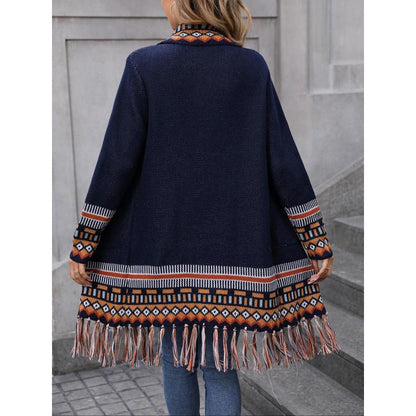 Isabella Relaxed Fit Cardigan | Fringe Detail Geometric Pockets Cardigan