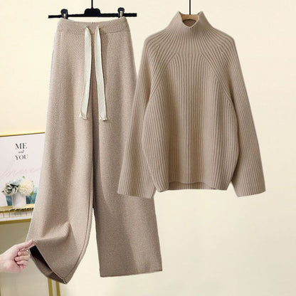 Amelia Ribbed Oversized Turtleneck Sweater And Relaxed Fit Wide Leg Trousers Two-Piece Set | Cropped Drawstring Waist Set
