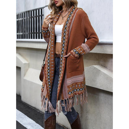 Isabella Relaxed Fit Cardigan | Fringe Detail Geometric Pockets Cardigan
