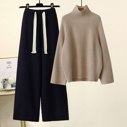 Amelia Ribbed Oversized Turtleneck Sweater And Relaxed Fit Wide Leg Trousers Two-Piece Set | Cropped Drawstring Waist Set