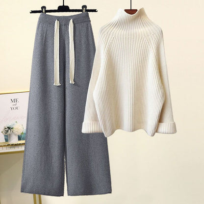 Amelia Ribbed Oversized Turtleneck Sweater And Relaxed Fit Wide Leg Trousers Two-Piece Set | Cropped Drawstring Waist Set