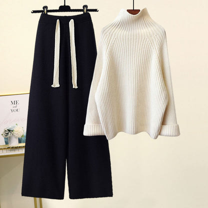 Amelia Ribbed Oversized Turtleneck Sweater And Relaxed Fit Wide Leg Trousers Two-Piece Set | Cropped Drawstring Waist Set