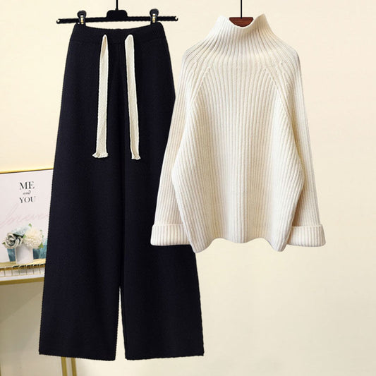 Amelia Ribbed Oversized Turtleneck Sweater And Relaxed Fit Wide Leg Trousers Two-Piece Set | Cropped Drawstring Waist Set