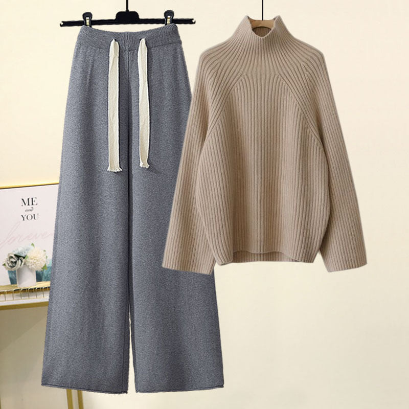 Amelia Ribbed Oversized Turtleneck Sweater And Relaxed Fit Wide Leg Trousers Two-Piece Set | Cropped Drawstring Waist Set