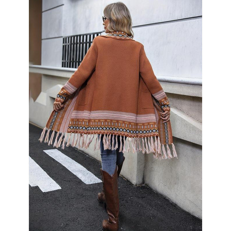 Isabella Relaxed Fit Cardigan | Fringe Detail Geometric Pockets Cardigan
