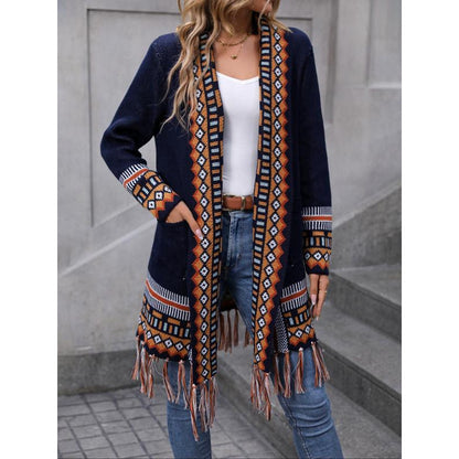 Isabella Relaxed Fit Cardigan | Fringe Detail Geometric Pockets Cardigan