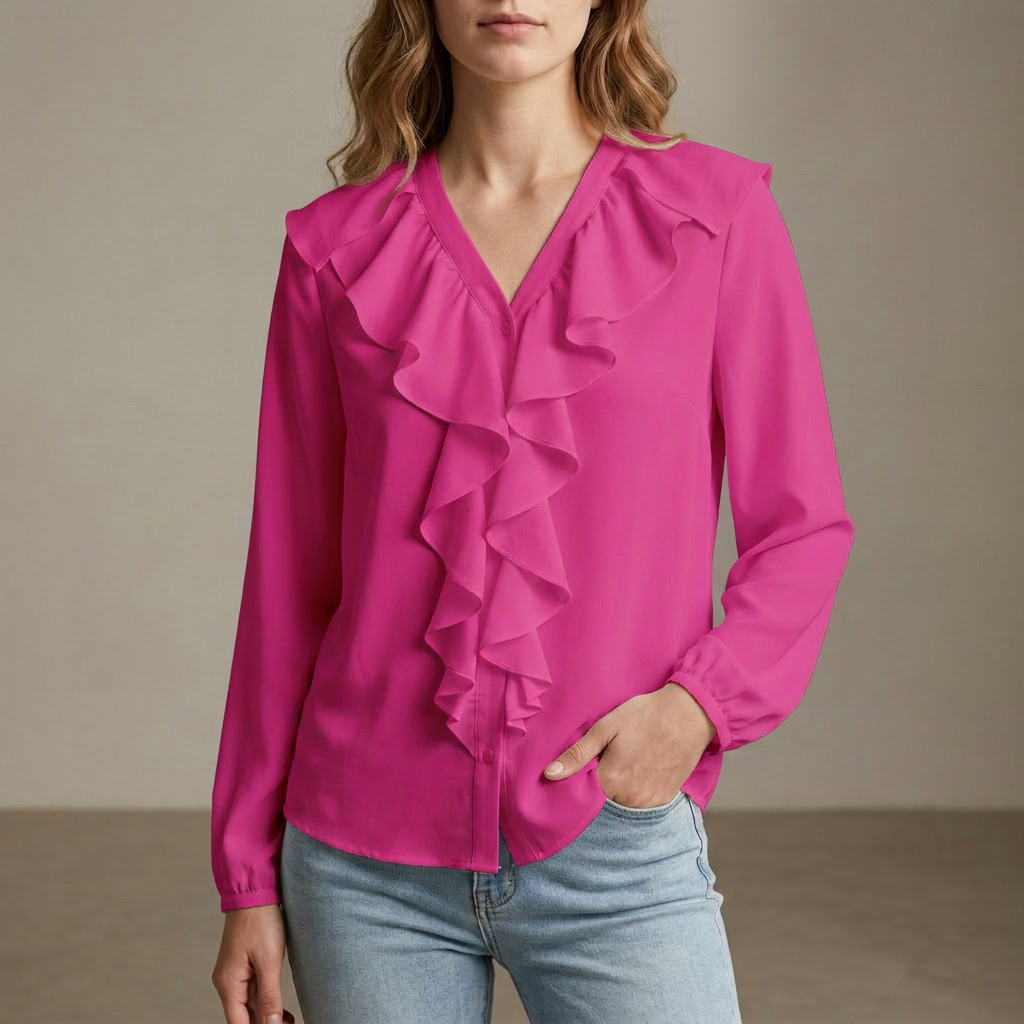 Ruffled Button Front Relaxed Fit Blouse for Women – Stylish Casual Comfort