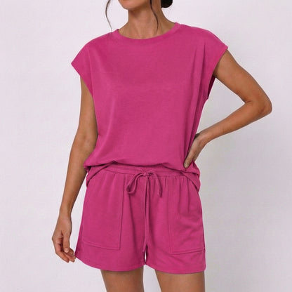 Relaxed Fit Crewneck T-Shirt And Drawstring Waist Shorts Set for Women – Comfortable Casual Style
