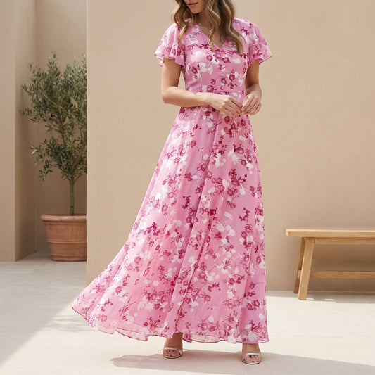 Floral Pleated Ruffled Flowing Fit Maxi Dress for Women – Elegant Stylish Comfort