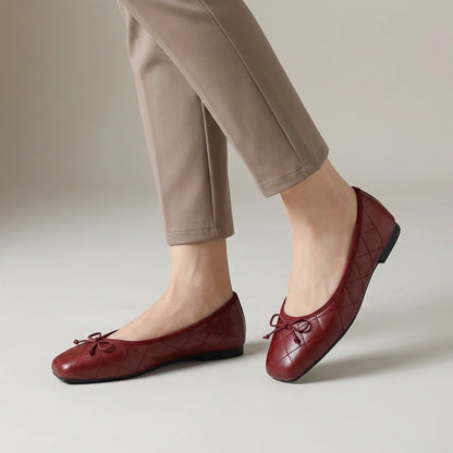 Quilted Bow Detail Square Toe Ballet Flats for Women – Comfortable Casual Style