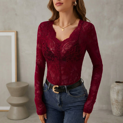 Sheer Floral Scalloped Trim Fitted Lace Top for Women – Elegant Casual Style