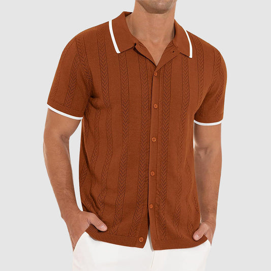 Patterned Collared Short Sleeve Knit for Men – Stylish Casual Comfort