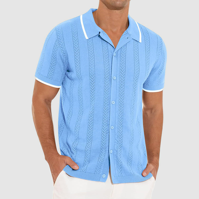 Patterned Collared Short Sleeve Knit for Men – Stylish Casual Comfort