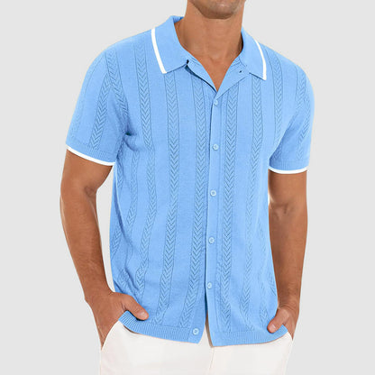 Patterned Collared Short Sleeve Knit for Men – Stylish Casual Comfort