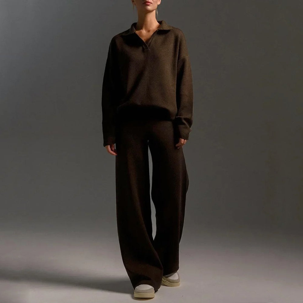 Francesca Two-Piece Set | Relaxed Fit Collared V-Neck Knit Polo Sweater and Full-Length Trousers