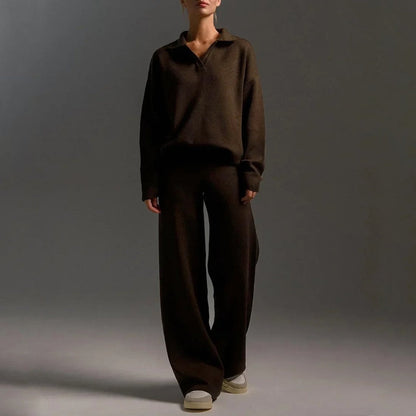 Francesca Two-Piece Set | Relaxed Fit Collared V-Neck Knit Polo Sweater and Full-Length Trousers