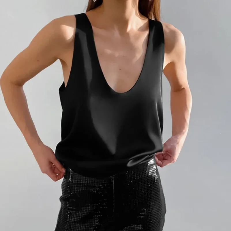 Draped Deep V-Neck Hip-Length Tank Top for Women – Stylish & Comfortable