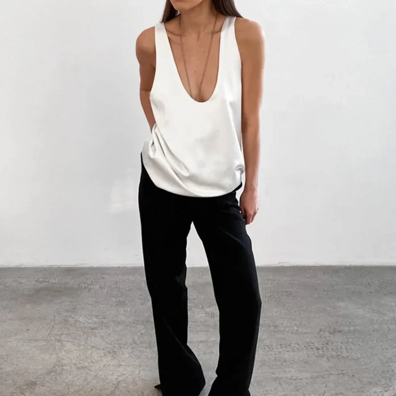 Draped Deep V-Neck Hip-Length Tank Top for Women – Stylish & Comfortable